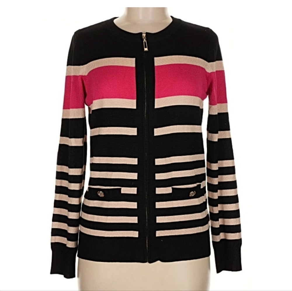 Seven Manor Striped Knit Sweater Black Magenta Beige Size M Long Sleeve